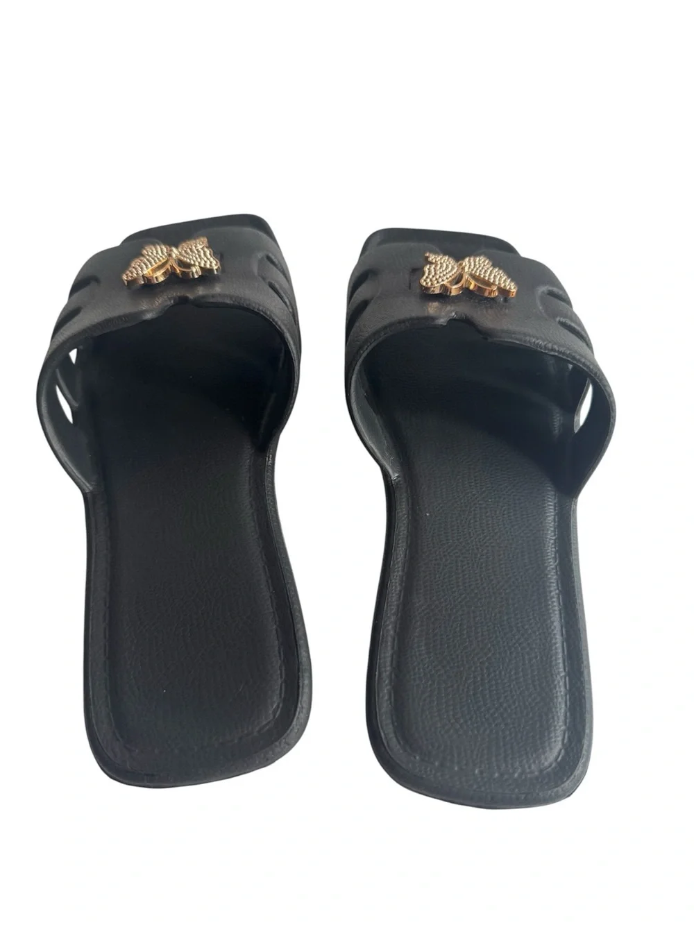 Black Slide Sandals with Gold Rhinestone Butterfly